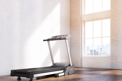Sideview of treadmill in interior with parquet, concrete and wooden walls and sunlight. 3D Rendering